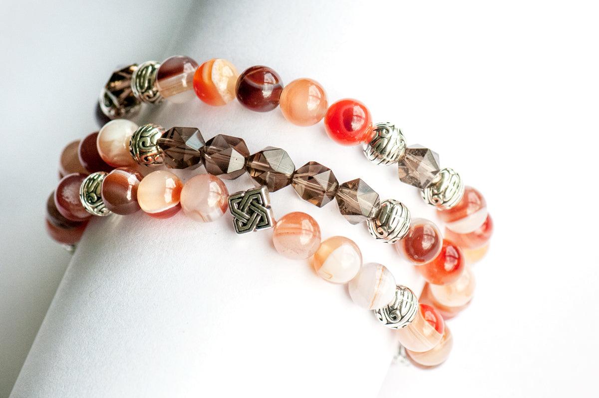 August Birthstone Sardonyx Gemstone Bracelet set with Smokey Quartz