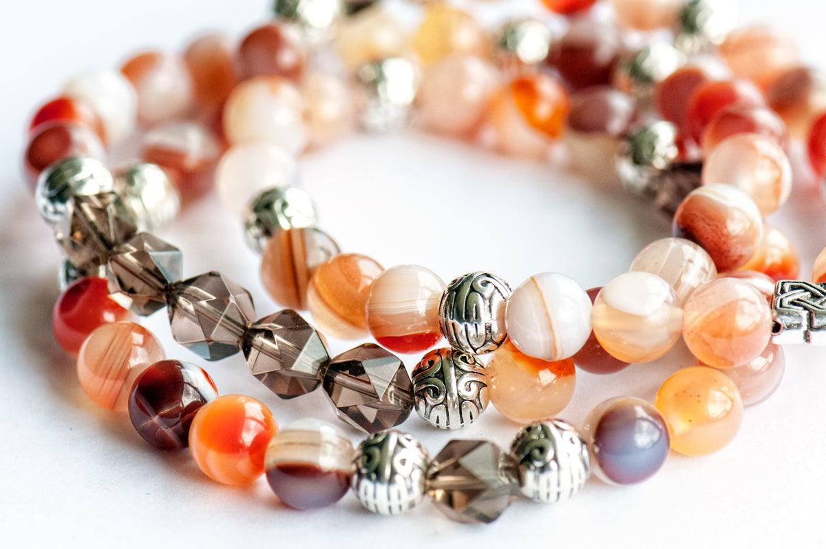 August Birthstone Sardonyx Gemstone Bracelet set with Smokey Quartz