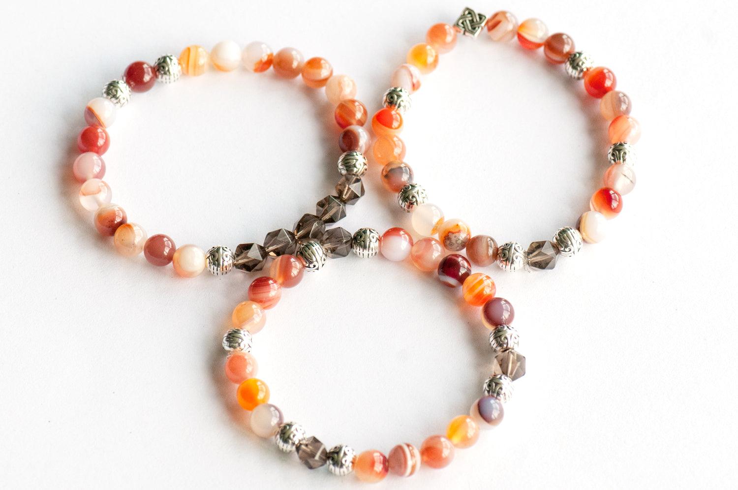 August Birthstone Sardonyx Gemstone Bracelet set with Smokey Quartz