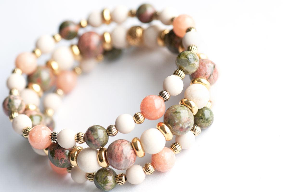 Autumn Balance Bracelet set with Unakite and Calcite and gold metal