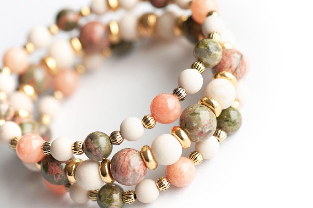Handmade autumn bracelet set with Unakite and Calcite stones