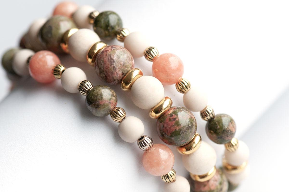 Handmade stackable bracelets with Unakite and Calcite stones