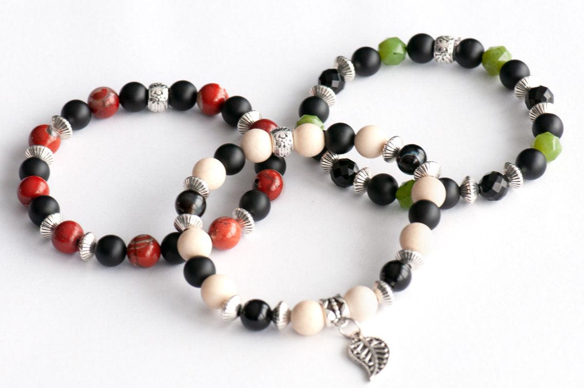 Awakened Lynx bracelet set with Canada Jade, red Jasper and black onyx