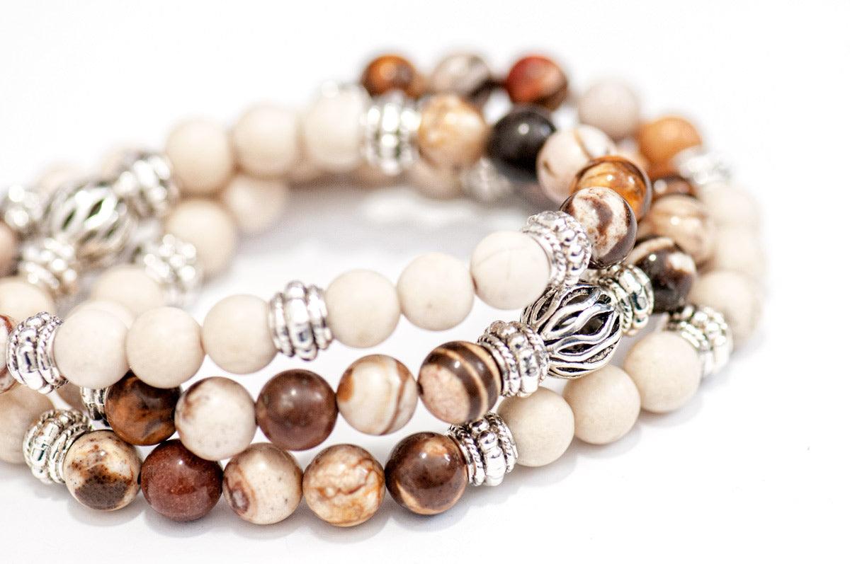 Australian Agate and Fossil Agate triple wrap gemstone bracelet for sale