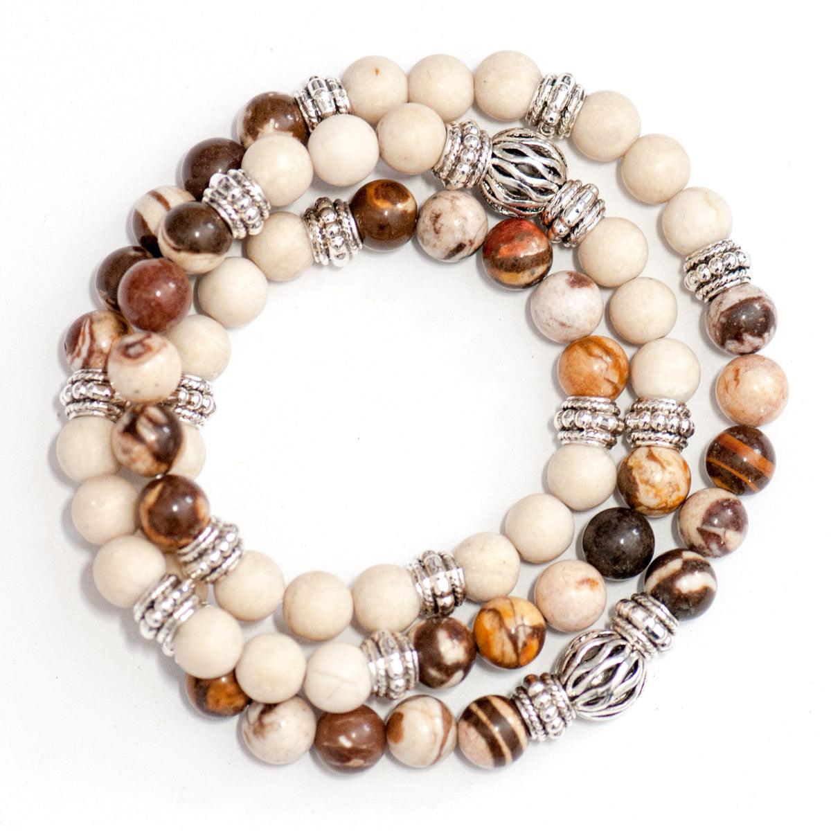 Australian Agate and Fossil Agate triple wrap gemstone bracelet for sale