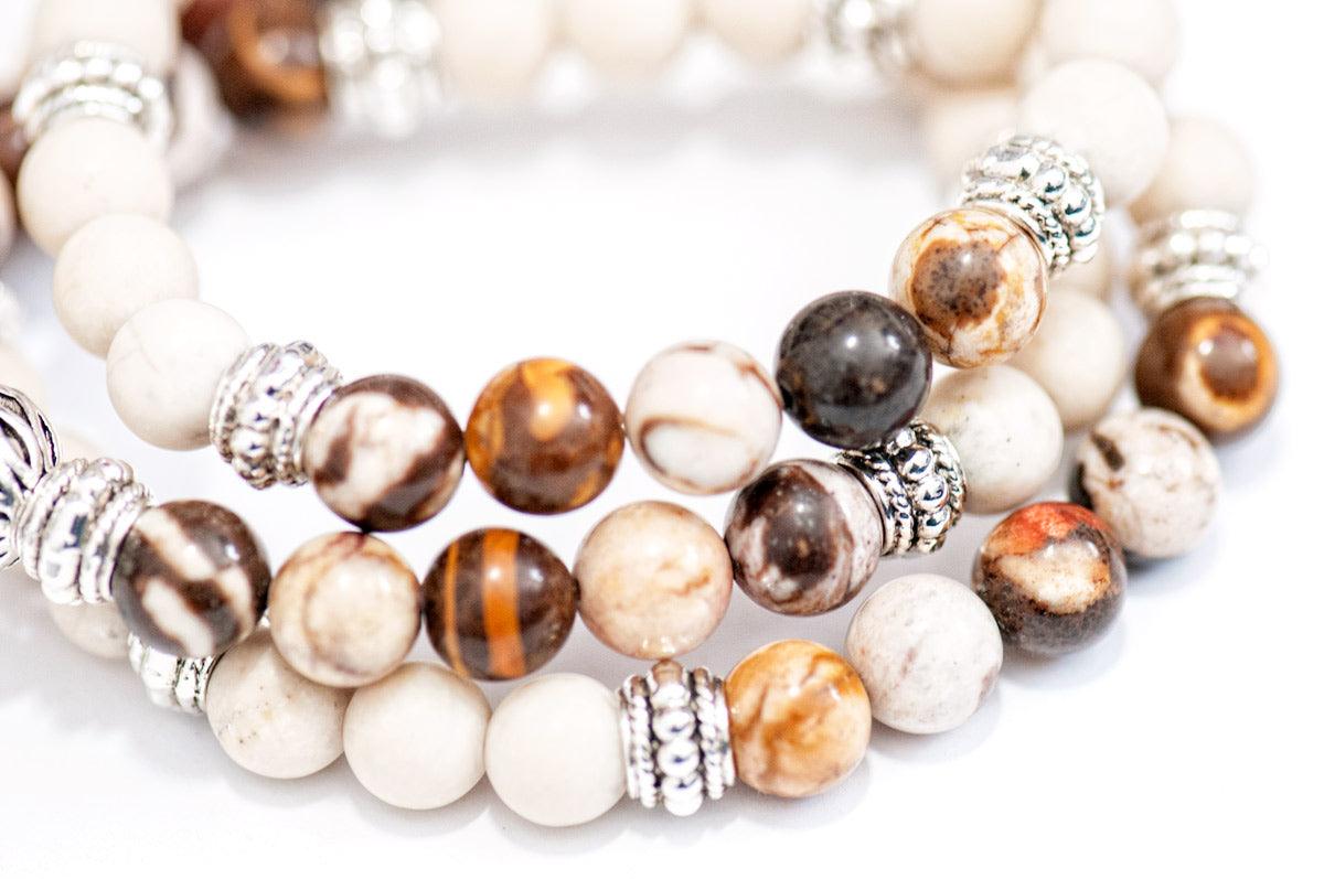 Australian Agate and Fossil Agate triple wrap gemstone bracelet for sale