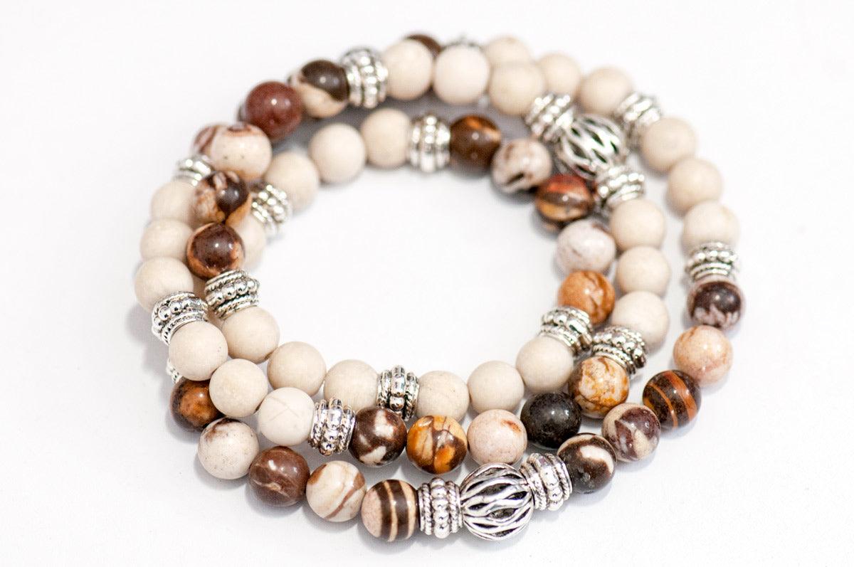 Australian Agate and Fossil Agate triple wrap gemstone bracelet for sale