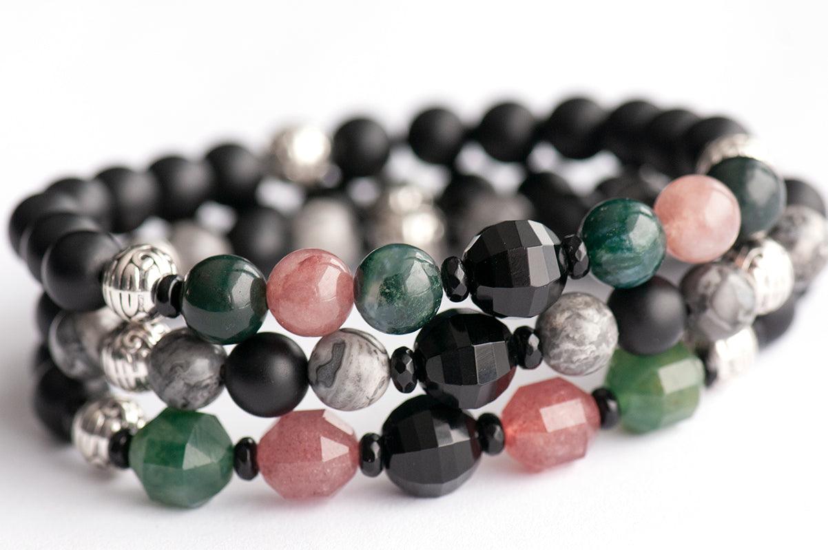 Handmade gemstone bracelet set with onyx, agate, quartz, and jasper