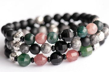 Handmade gemstone bracelet set with onyx, agate, quartz, and jasper