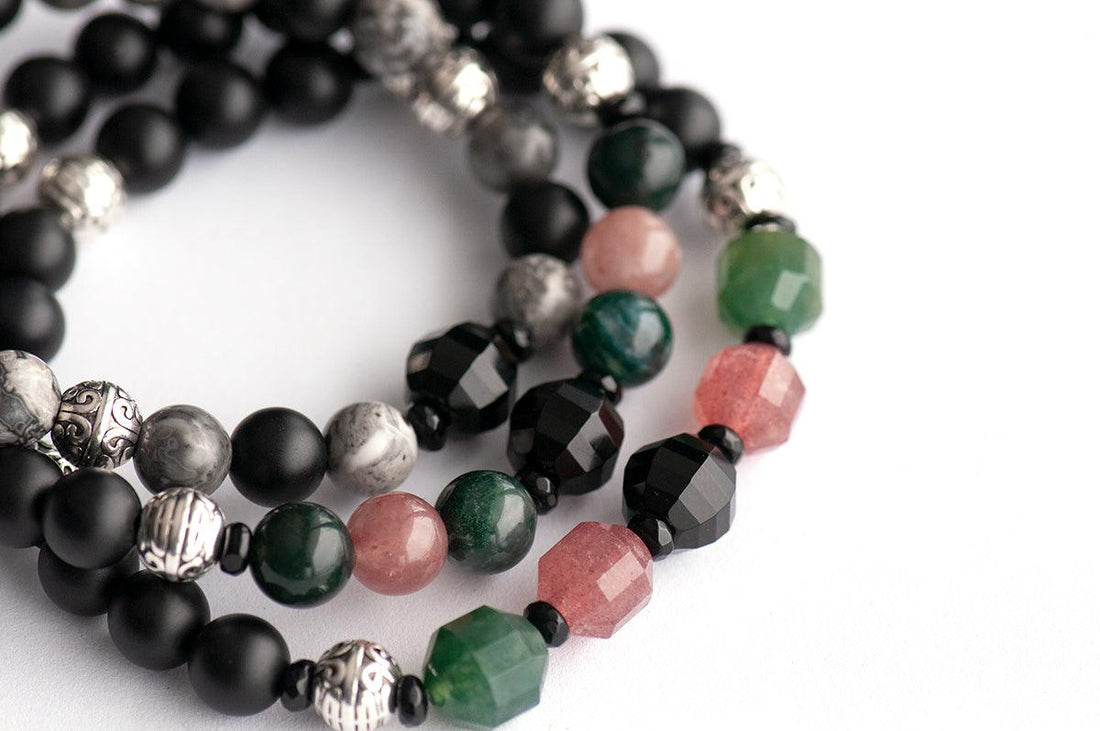 Handmade gemstone bracelet set with onyx, agate, quartz, and jasper