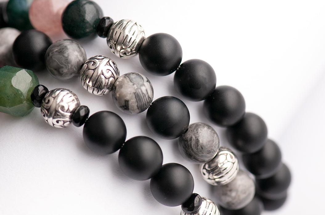 detail of frosted black agate