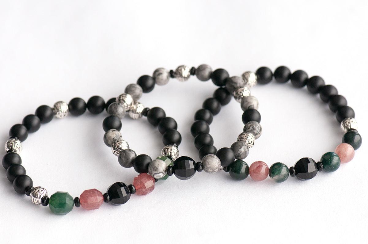 Gemstone bracelet stack with Quartz, Onyx, and agate