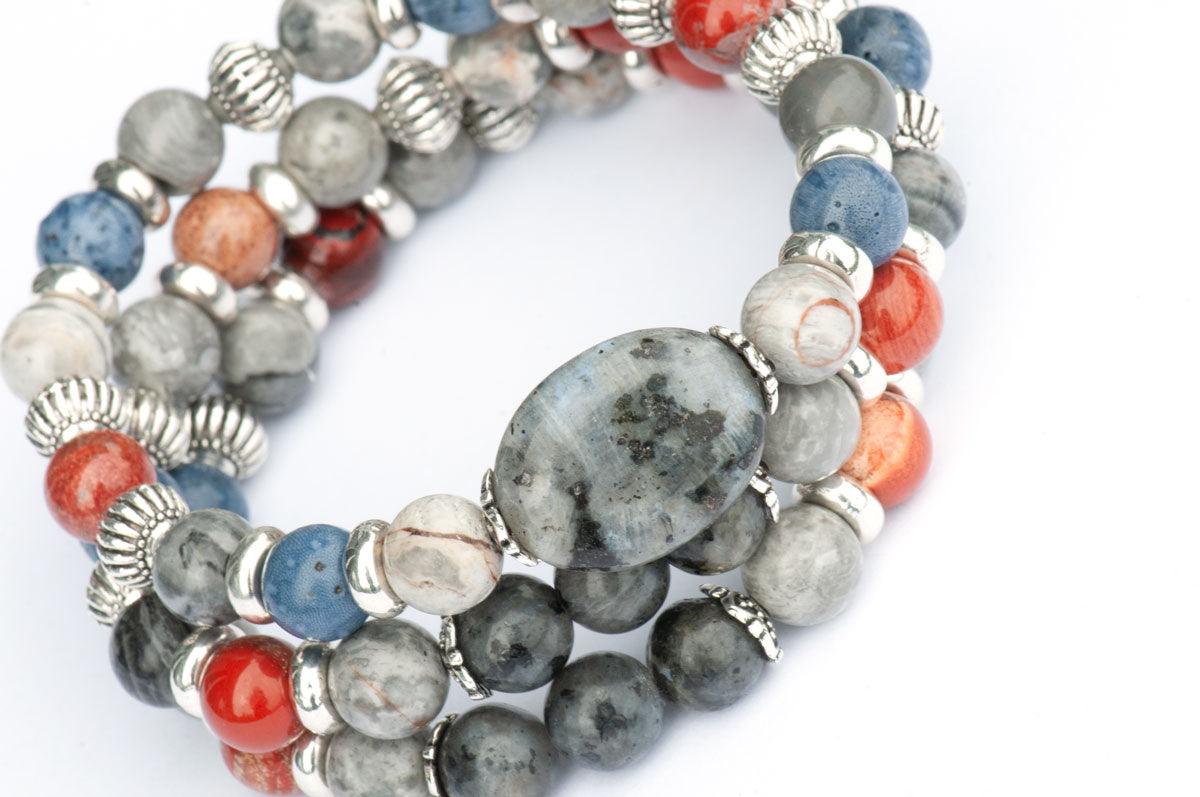 Cozy Lynx bracelet set with Labradorite, Jasper, and sponge coral with silver accent beads