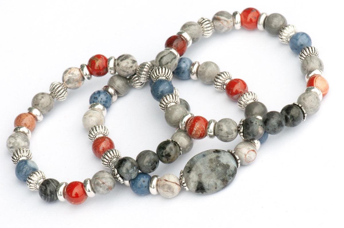 Handmade three bracelet set with Labradorite, red and grey Jasper and blue sponge coral, 