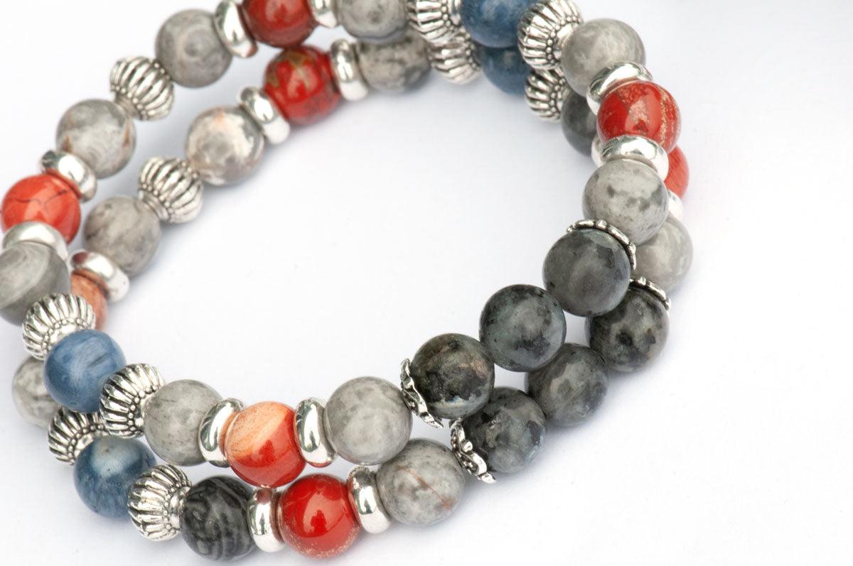 Stackable bracelets with Larvikite (black Labradorite) Jasper and sponge coral