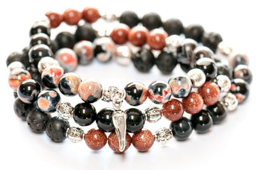 Fierce Ambition Triple Wrap Gemstone Bracelet in Agate, Lava stone, and Goldstone