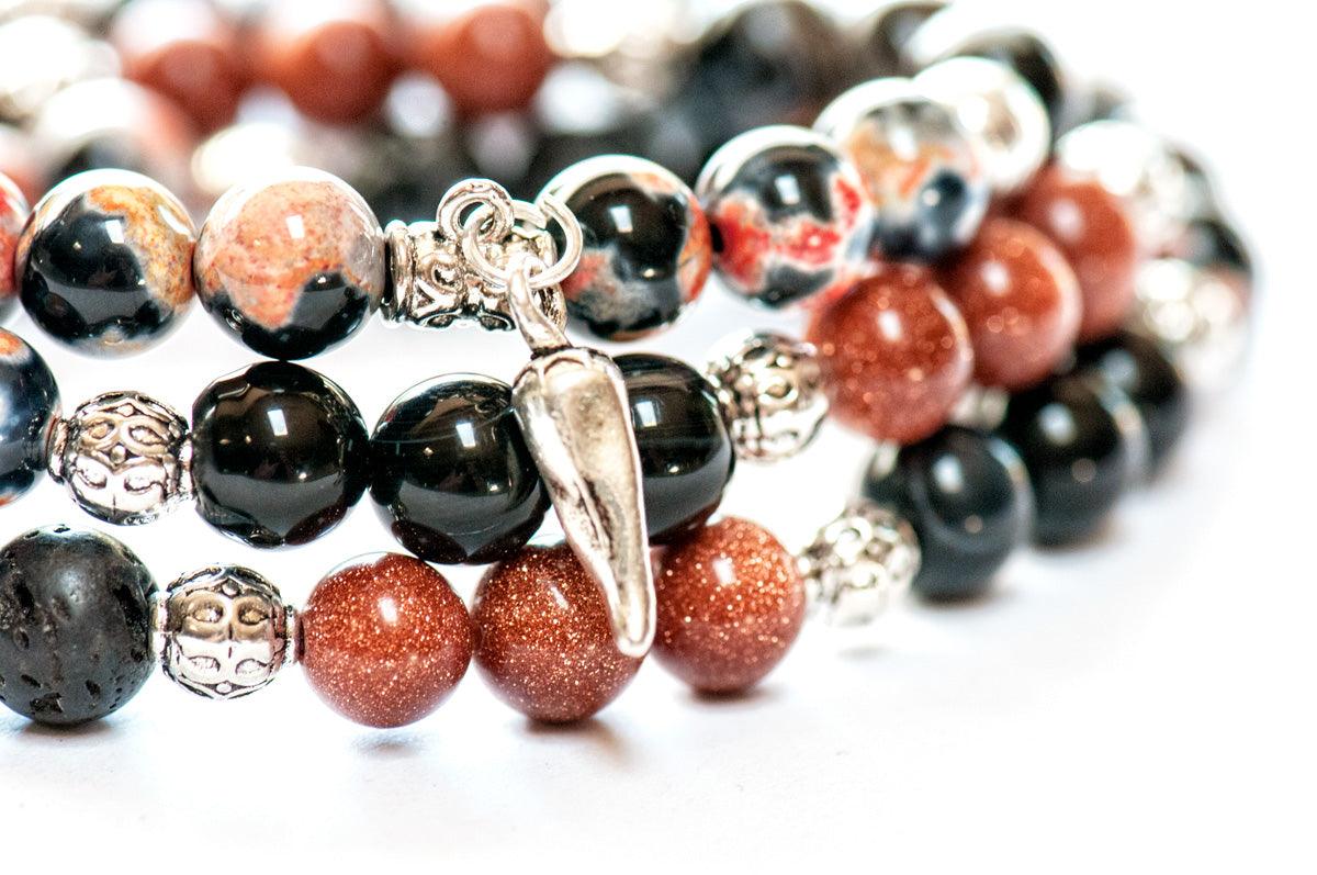 Fierce Ambition Triple Wrap Gemstone Bracelet in Agate, Lava stone, and Goldstone