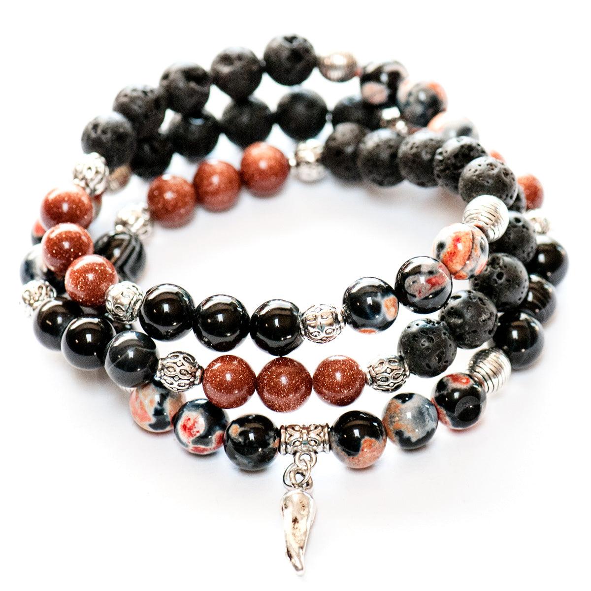 Fierce Ambition Triple Wrap Gemstone Bracelet in Agate, Lava stone, and Goldstone