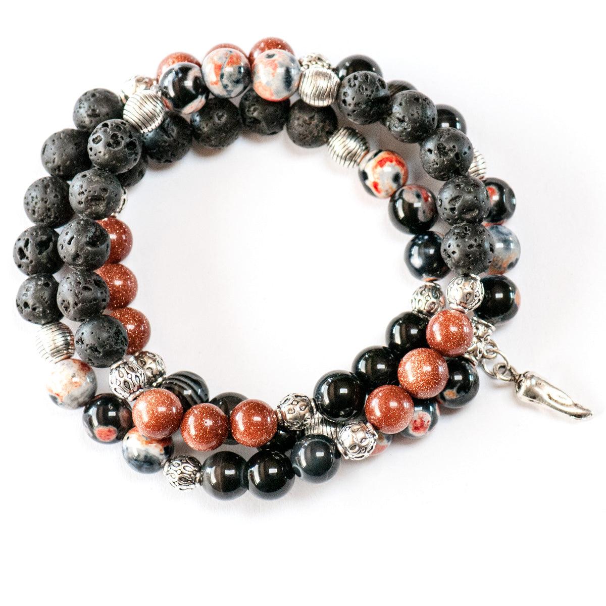 Fierce Ambition Triple Wrap Gemstone Bracelet in Agate, Lava stone, and Goldstone