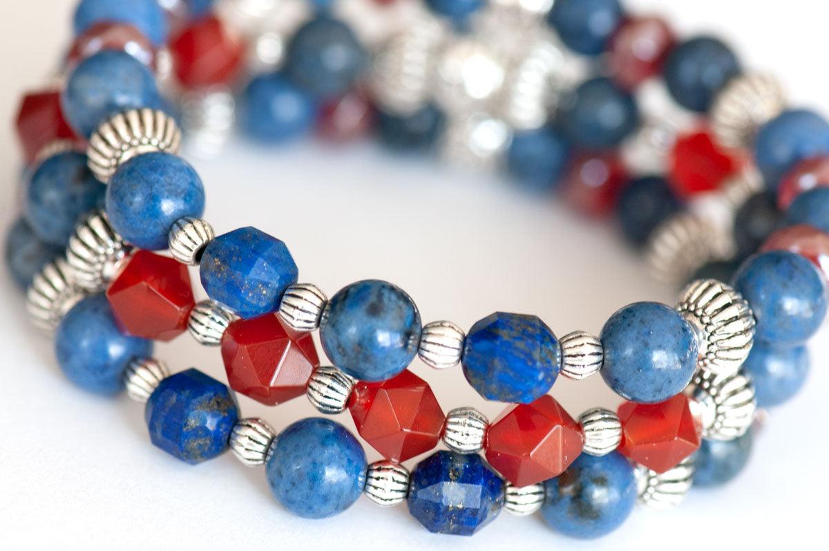 Handmade stone bracelet set with Dumortierite, carnelian, and lapis lazuli