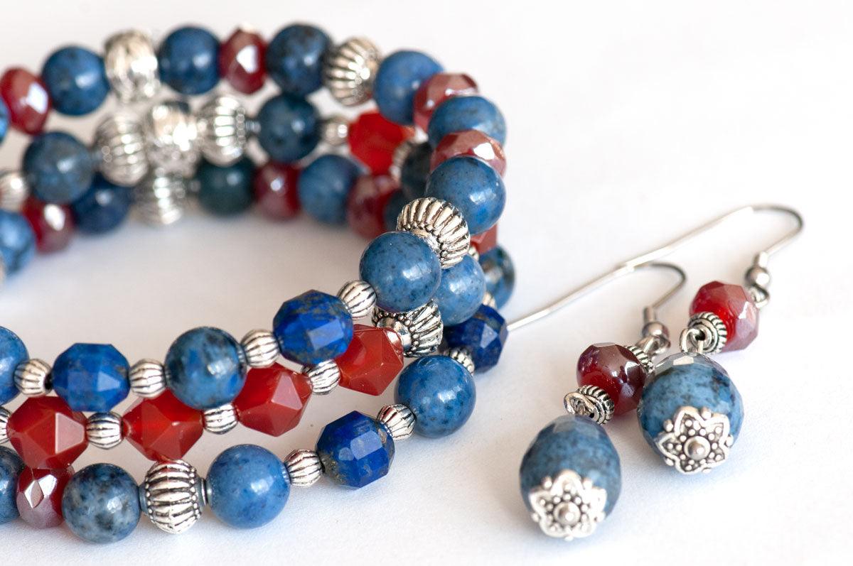 Handmade Dumortierite and Carnelian bracelet set with matching earrings
