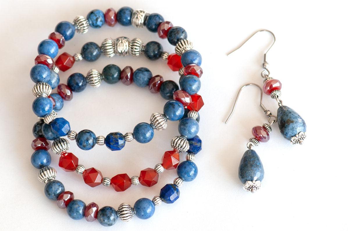 Bracelet set and matching earrings with Dumortierite and carnelian handmade in canada