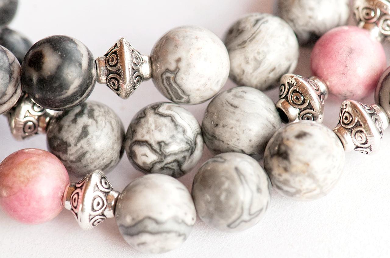 Natural Gemstone Bracelet with Rhodonite, Netstone, and Ocean Jasper