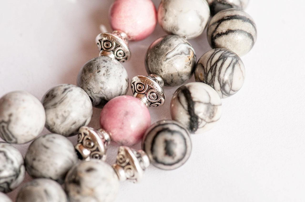 Natural Gemstone Bracelet with Rhodonite, Netstone, and Ocean Jasper