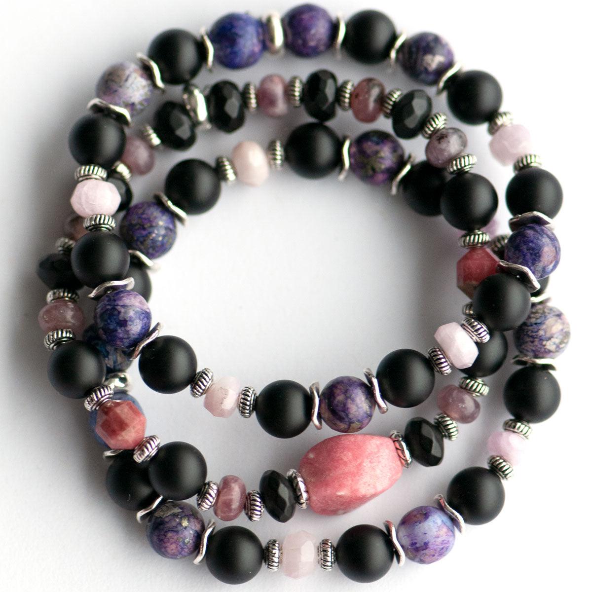 Purple pink and black bracelet stack, fierce optimism, handmade in Canada