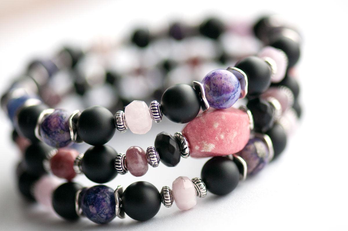 Thulite, Lepidolite, Kunzite and onyx bracelet set handmade in canada