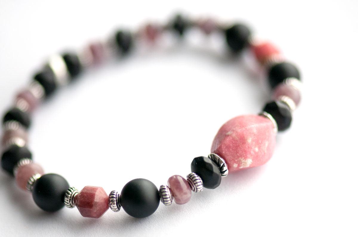 Thulite, Lepidolite, and rhodonite beads with black onyx, handmade in canada