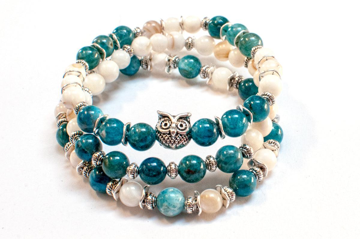 Apatite gemstone bracelet with freshwater shell beads. 