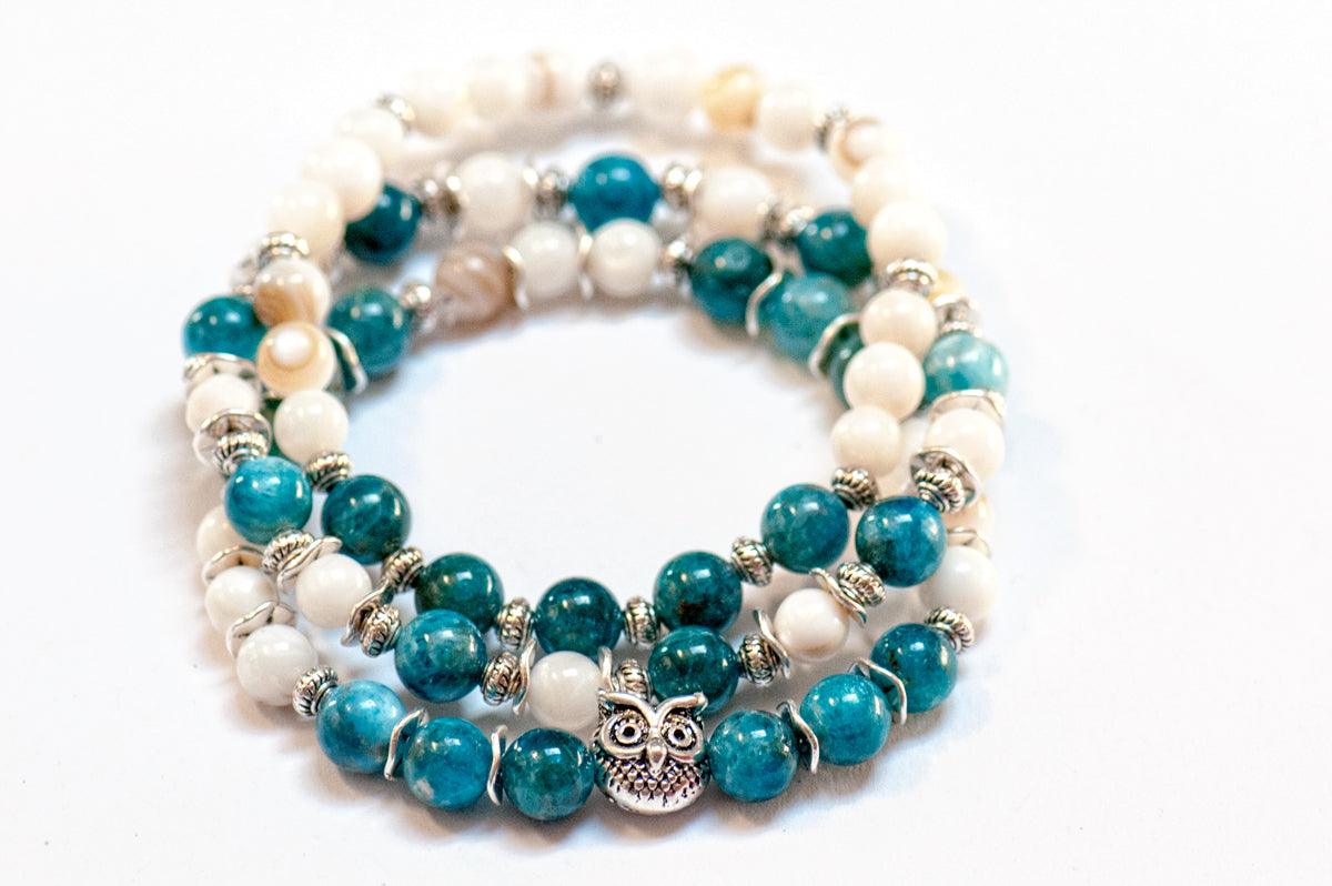 Apatite gemstone bracelet with freshwater shell beads. 
