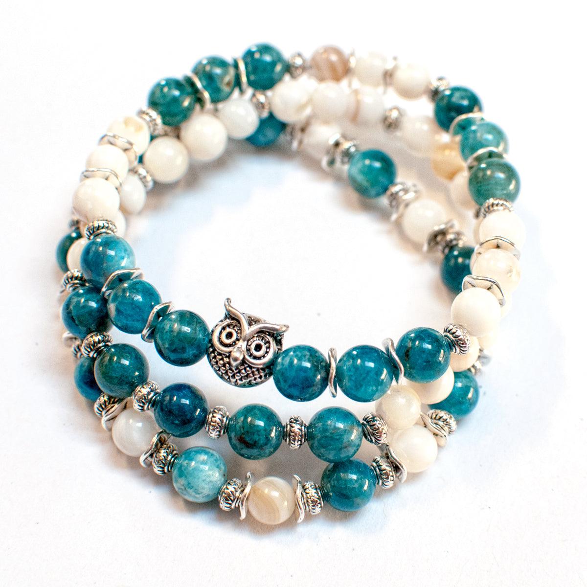 Apatite gemstone bracelet with freshwater shell beads. 