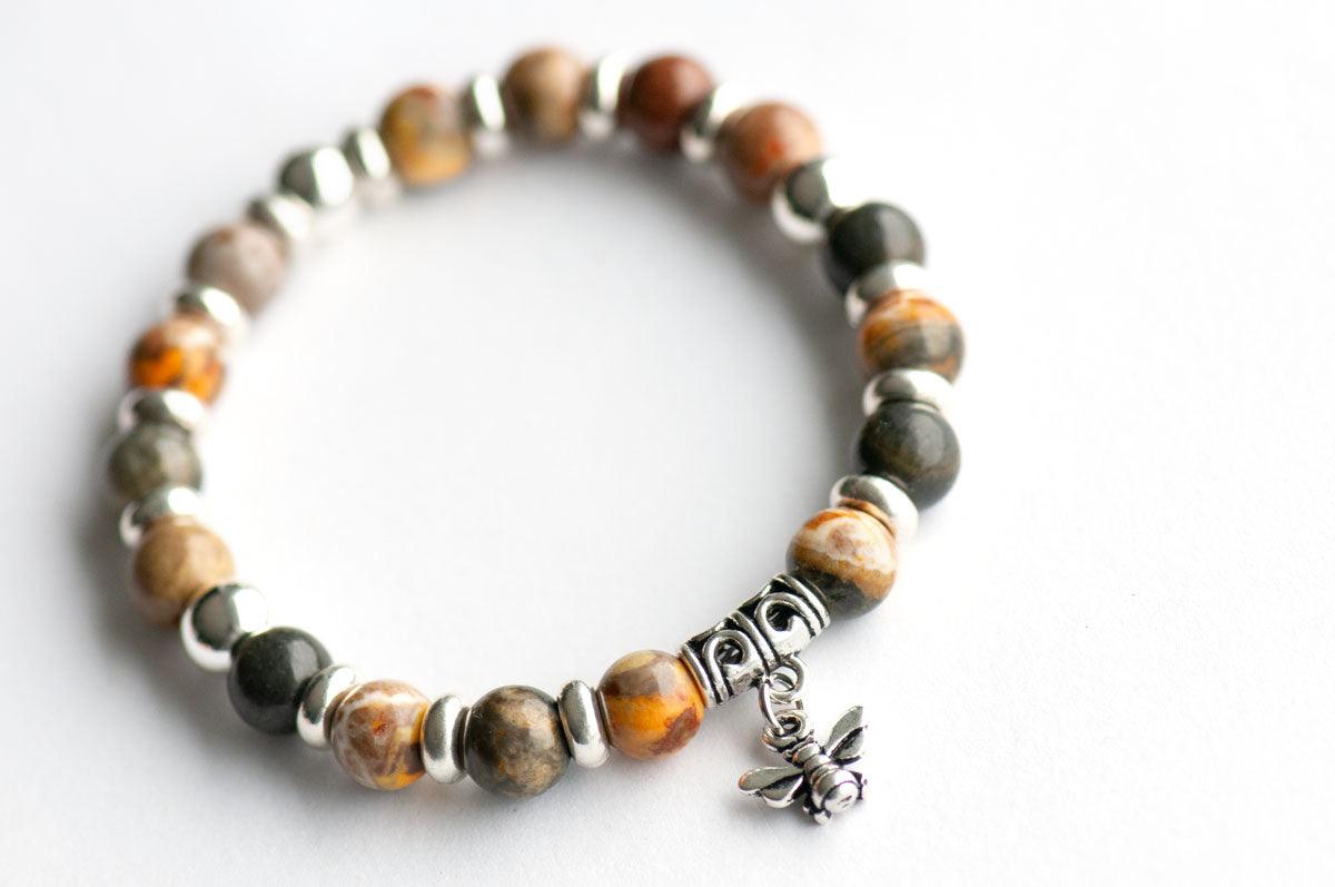 Honey Bee Fierce bracelet with Bumblebee Jasper beads and a honey bee charm.