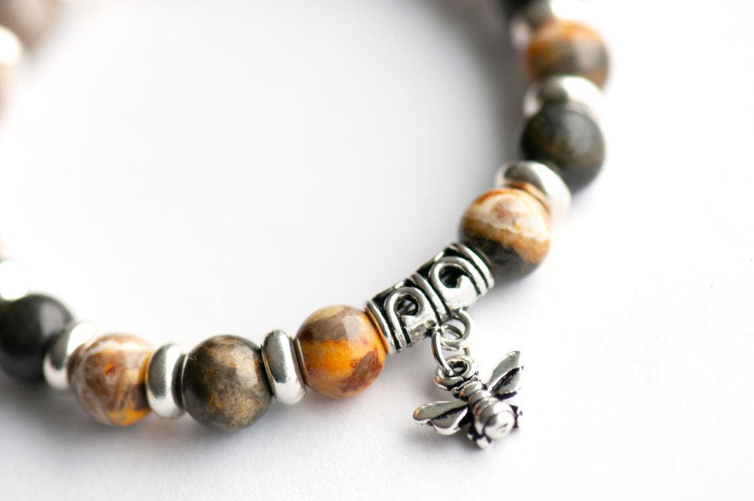 Honey Bee Fierce bracelet with Bumblebee Jasper beads and a honey bee charm.