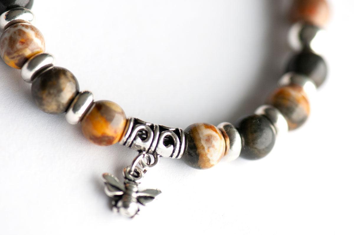 Close-up of Bumblebee Jasper beads on the Honey Bee Fierce bracelet.