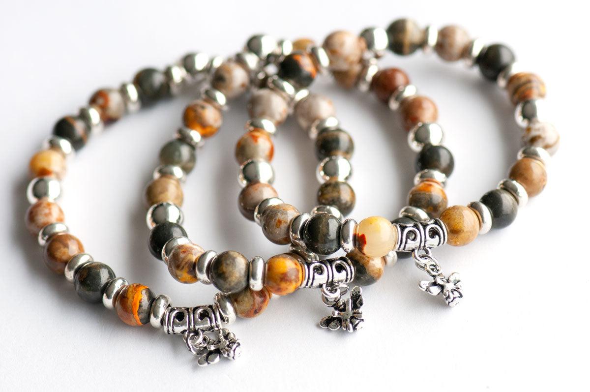 Handmade in Canada Honey Bee Fierce bracelet with Bumblebee Jasper beads and a honey bee charm