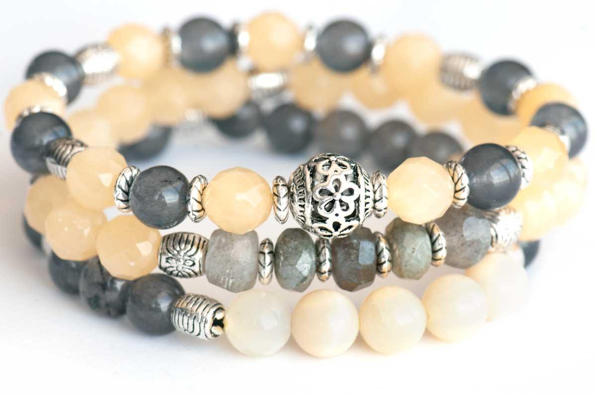 Illuminated Lynx - yellow and gray gemstone bracelet stack
