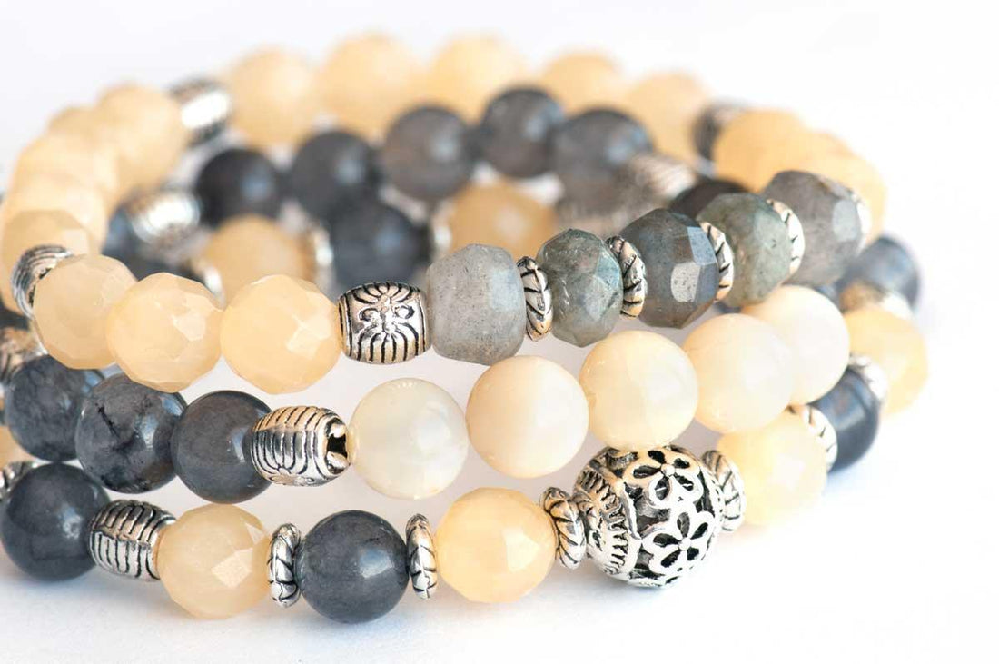 Illuminated Lynx - yellow and gray gemstone bracelet stack
