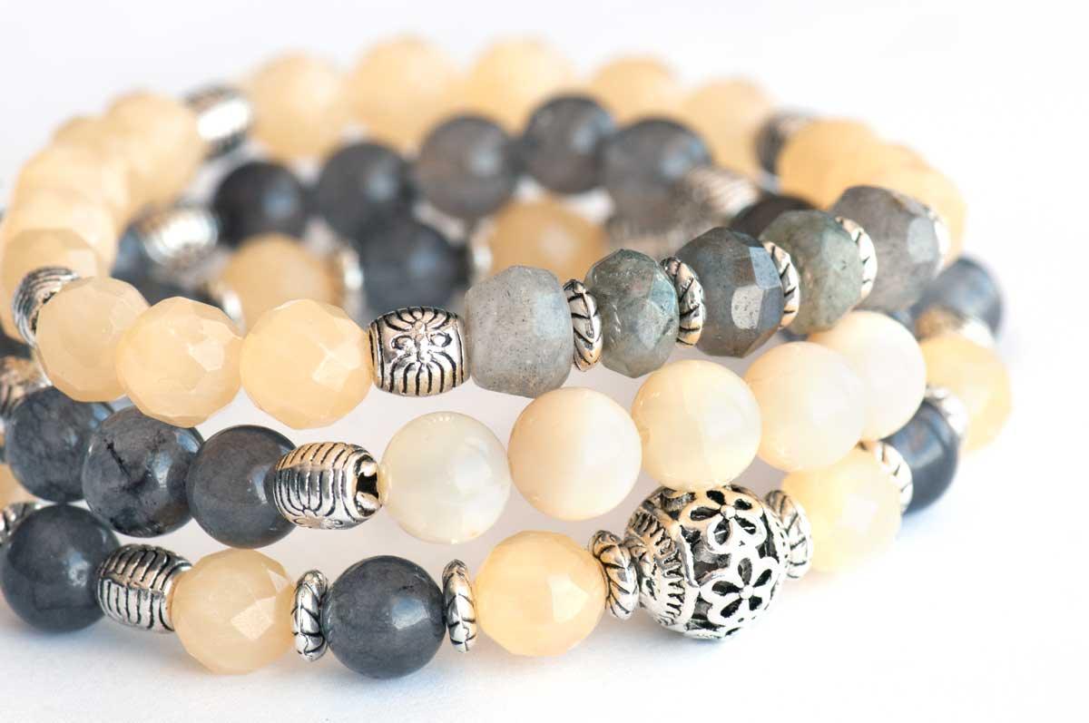 Handmade bracelet set with jade, yellow opals, and labradorite