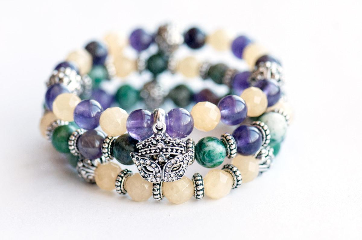 Mardi Gras gemstone bracelet set with Amethyst and yellow and green jade.