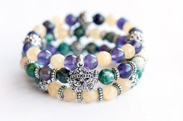 Mardi Gras gemstone bracelet set with Amethyst and yellow and green jade.