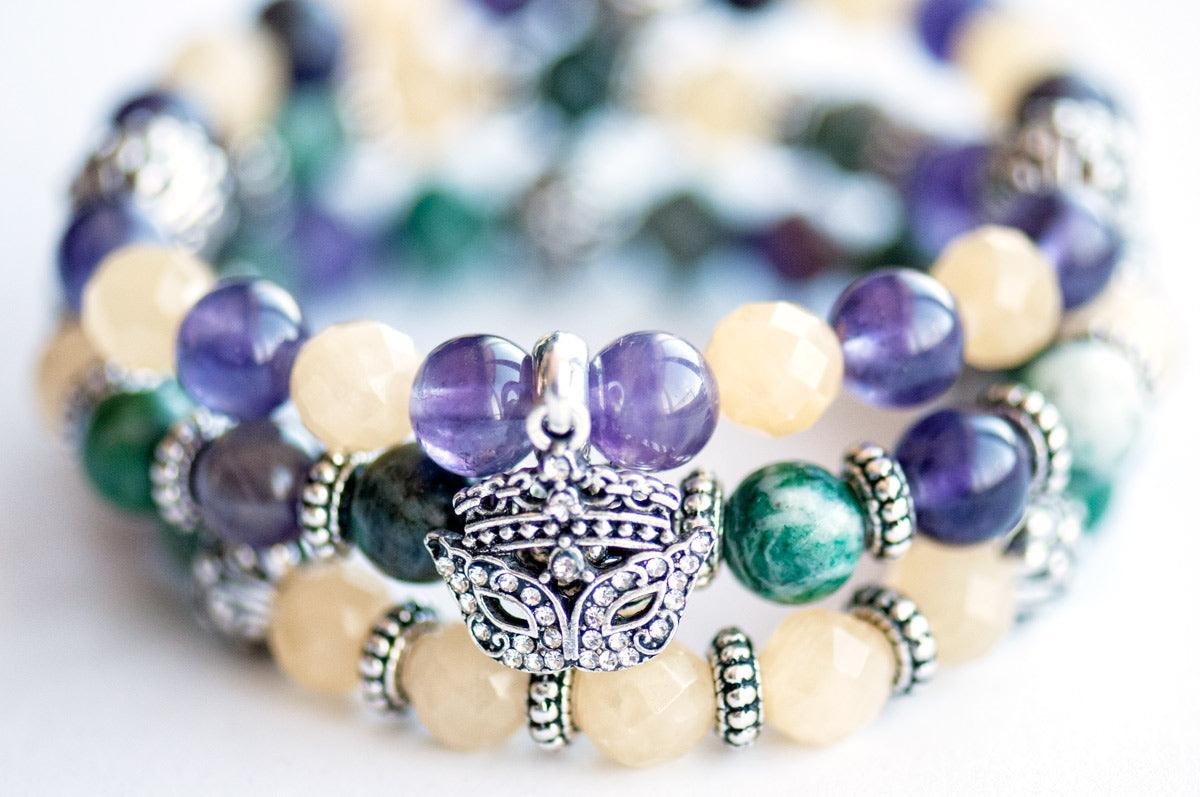 Mardi Gras gemstone bracelet set with Amethyst and yellow and green jade.