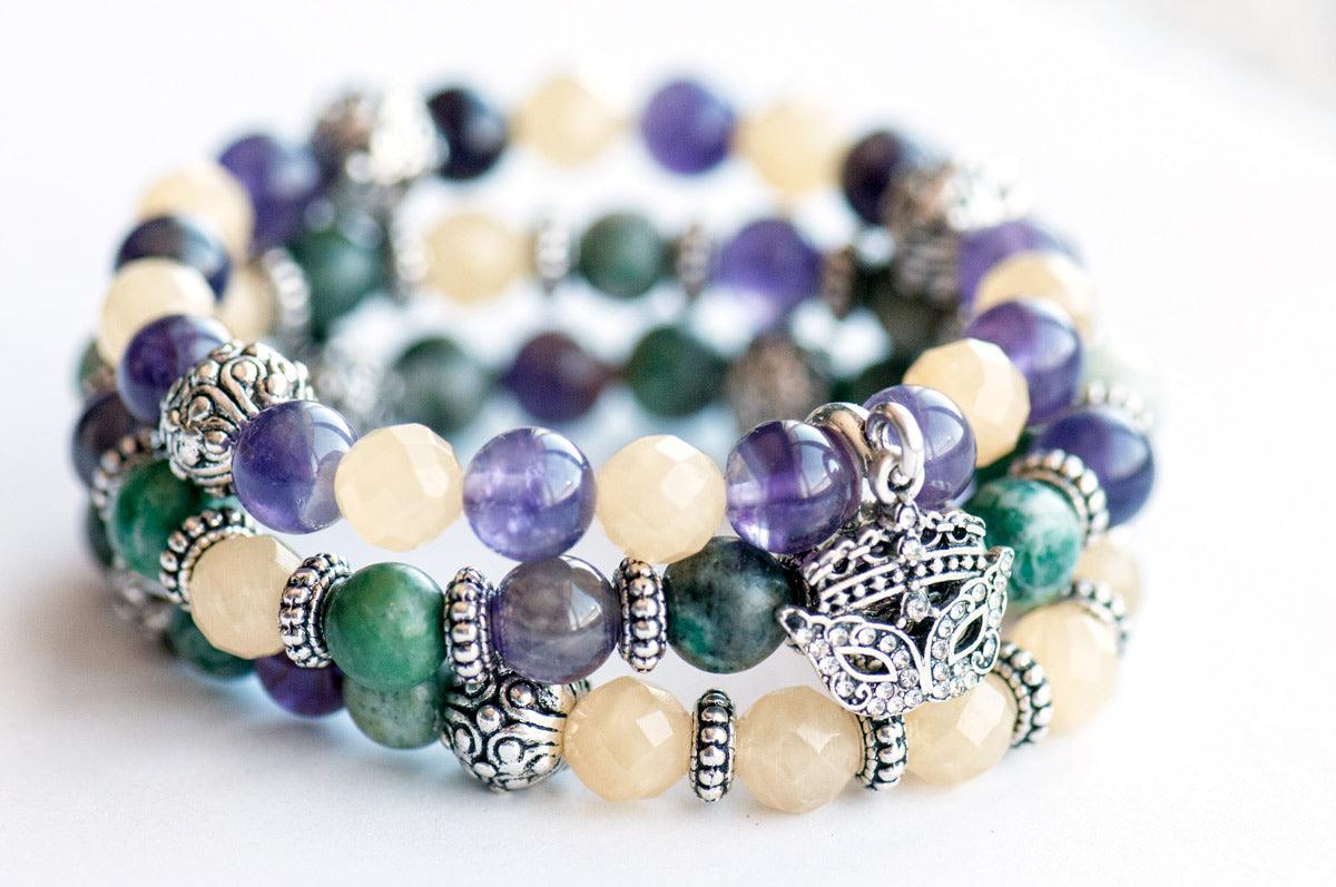 Mardi Gras gemstone bracelet set with Amethyst and yellow and green jade.