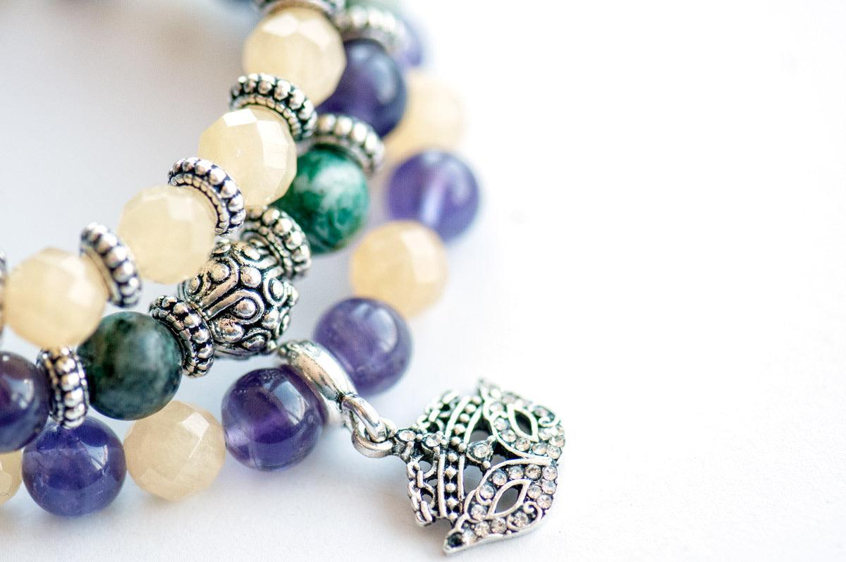Mardi Gras gemstone bracelet set with Amethyst and yellow and green jade.