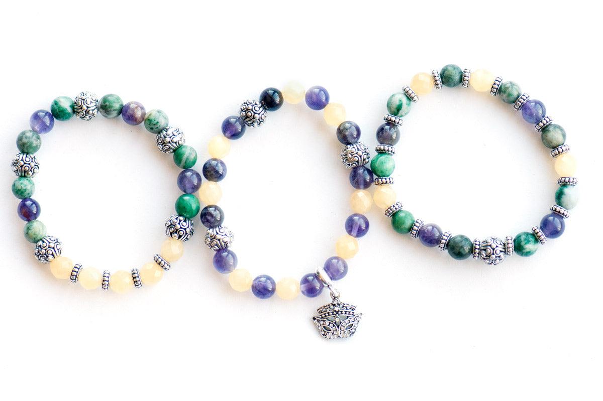 Mardi Gras gemstone bracelet set with Amethyst and yellow and green jade.