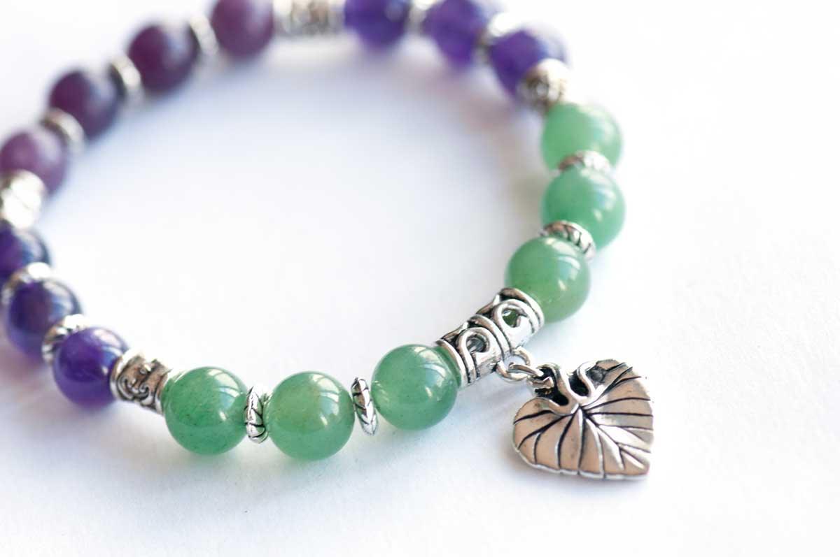 Violet leaf charm detail on Purple Violet gemstone bracelet