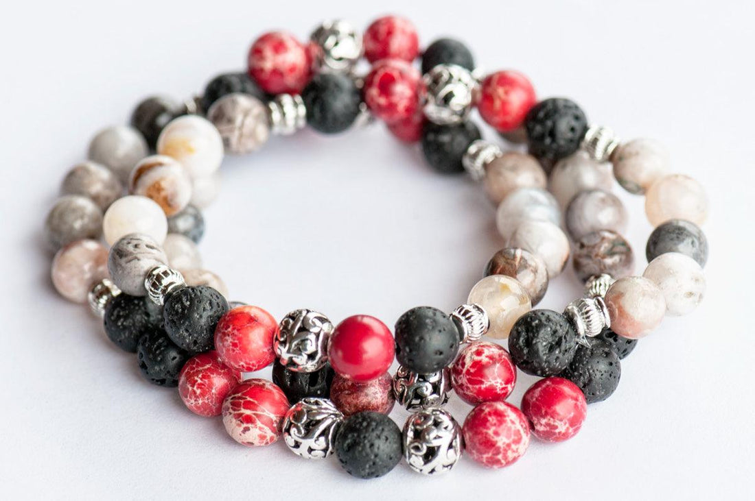 Regalite, Bamboo Leaf Agate, and Lava stone natural gemstone stretch bracelet