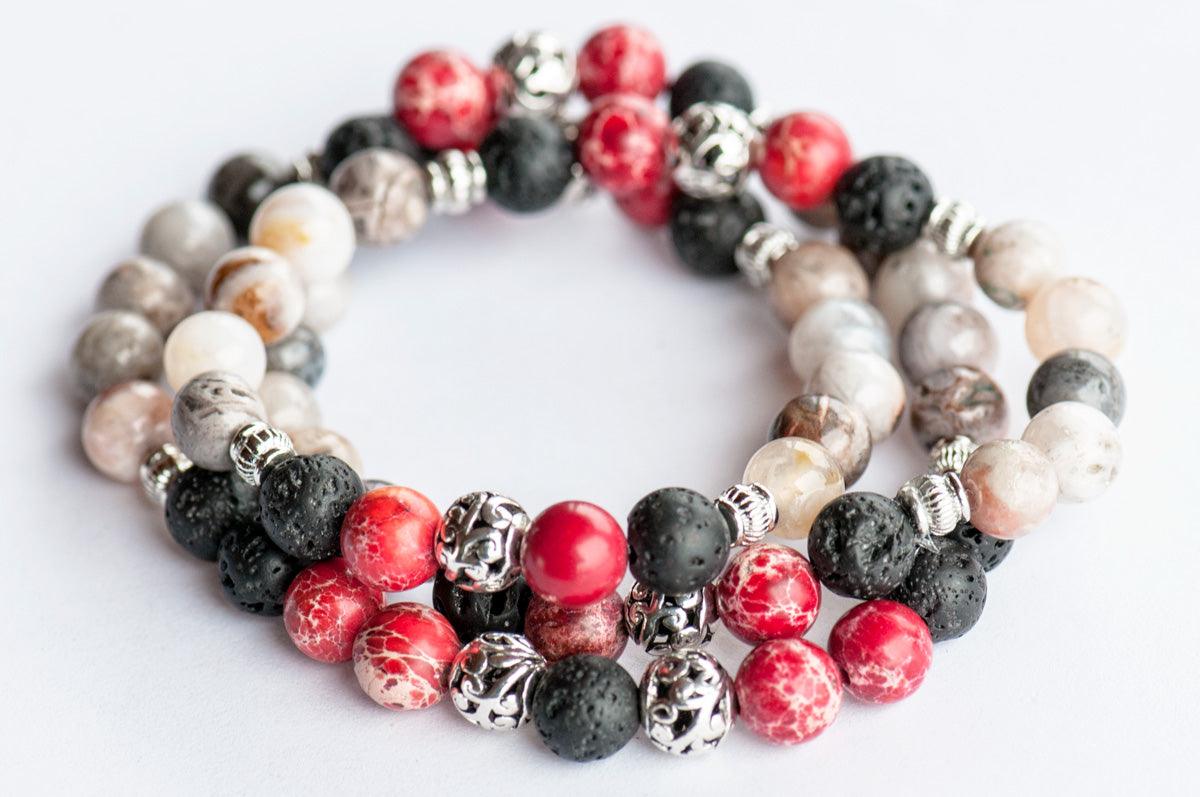 Regalite, Bamboo Leaf Agate, and Lava stone natural gemstone stretch bracelet